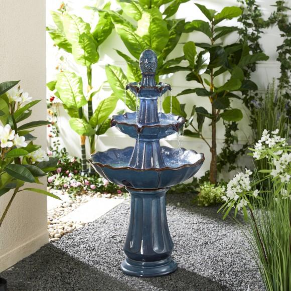 Glitzhome Glitzhome 45"H Oversized Turquoise 3-Tiered Pedestal Lotus Textured Ceramic Outdoor Floor Fountain With Pump And LED Light (KD)