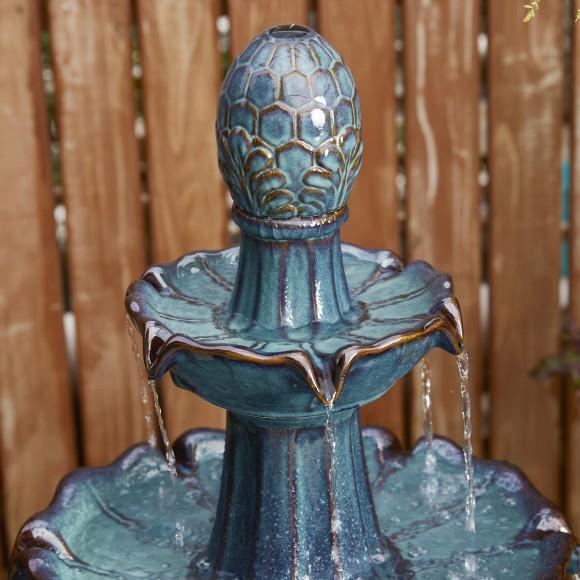 Glitzhome Glitzhome 45"H Oversized Turquoise 3-Tiered Pedestal Lotus Textured Ceramic Outdoor Floor Fountain With Pump And LED Light (KD)