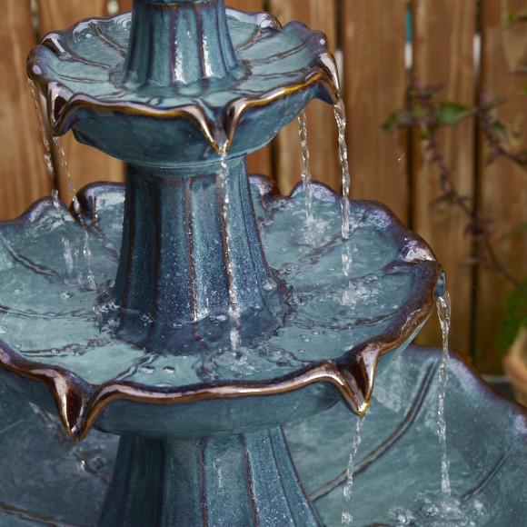 Glitzhome Glitzhome 45"H Oversized Turquoise 3-Tiered Pedestal Lotus Textured Ceramic Outdoor Floor Fountain With Pump And LED Light (KD)