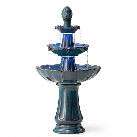 glitzhome Glitzhome 45"H Oversized Turquoise 3-Tiered Pedestal Lotus Textured Ceramic Outdoor Floor Fountain with Pump and LED Light (KD)