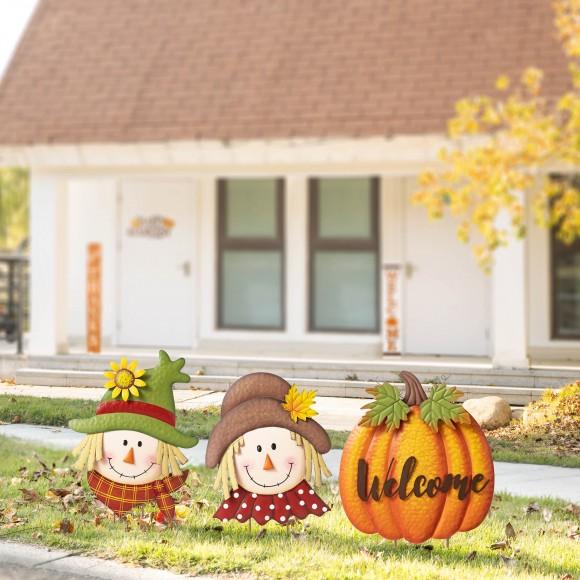 Glitzhome Glitzhome 46"H Fall Metal Stacked Scarecrow And Pumpkin Yard Stake