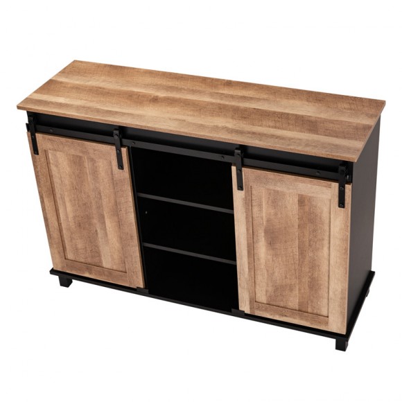 Glitzhome Glitzhome 47.20"L Modern Industrial Black Storage Cabinet With Natural Top And Sliding Doors