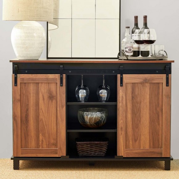 Glitzhome Glitzhome 47.25"L Modern Industrial Large Black/Walnut Storage Cabinet With With Natural Top And Sliding Doors