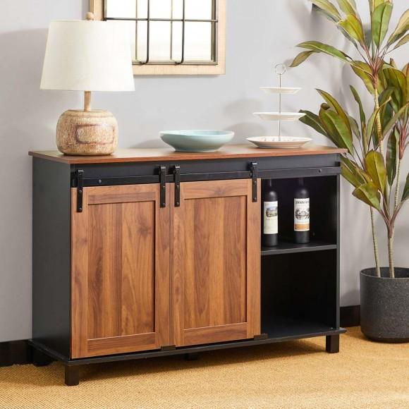 Glitzhome Glitzhome 47.25"L Modern Industrial Large Black/Walnut Storage Cabinet With With Natural Top And Sliding Doors