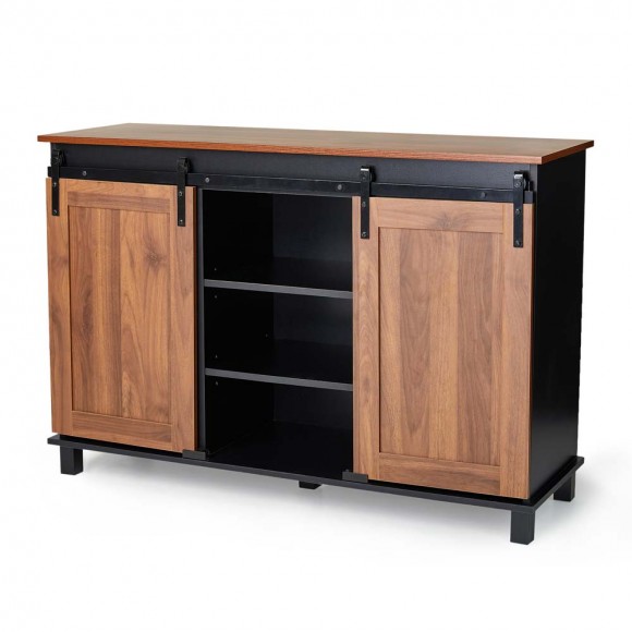 glitzhome Glitzhome 47.25"L Modern Industrial Large Black/Walnut Storage Cabinet with with Natural Top and Sliding Doors