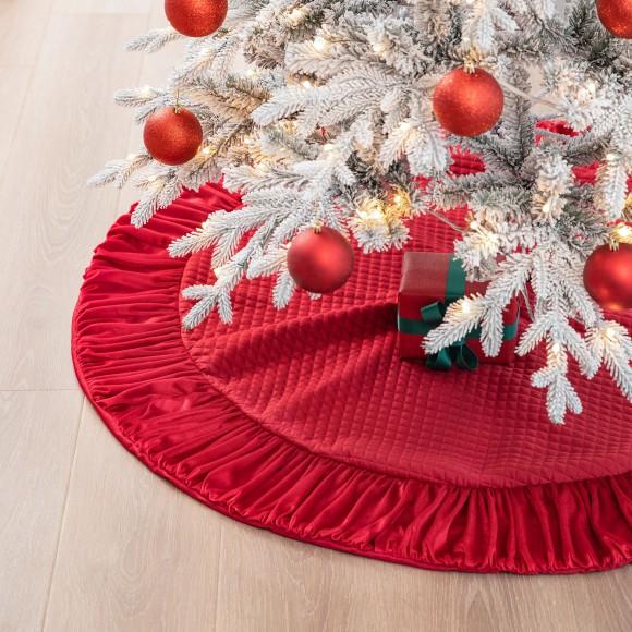 Glitzhome Glitzhome 48"D Deluxe Burgundy Velvet Ruffled Christmas Tree Skirt