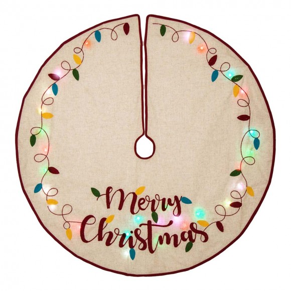 glitzhome Glitzhome 48"D LED Embroidered Linen Christmas Tree Skirt - Merry Christmas