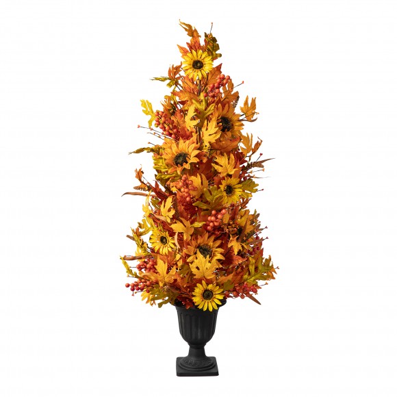 Glitzhome Glitzhome 48"H Fall Lighted Maple Leaf And Sunflower Urn Porch Tree With Timer