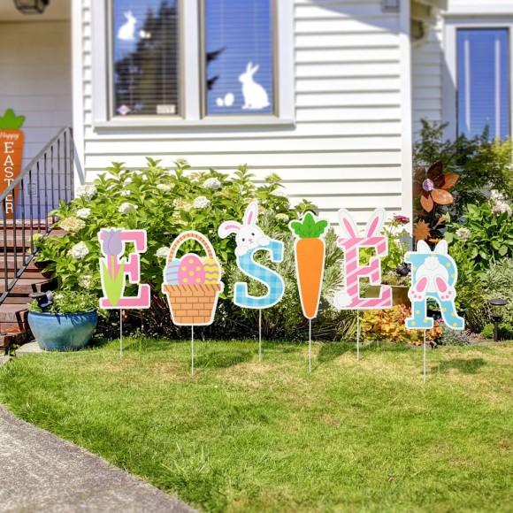 Glitzhome Glitzhome 49.5"L Set Of 6 Easter Icon Metal Yard Stake