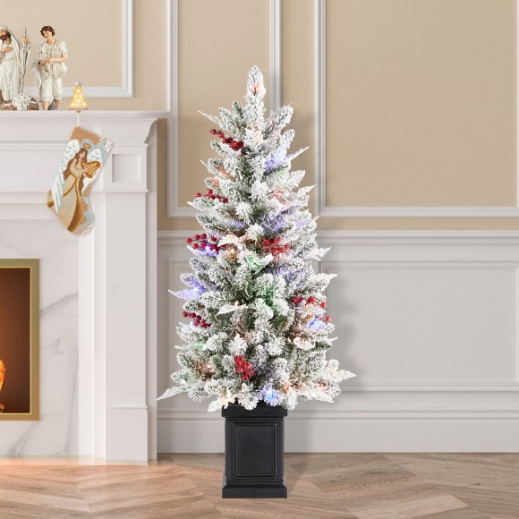 Glitzhome Glitzhome 4ft Pre-Lit Flocked Artificial Christmas Porch Tree With And Red Berries And 60 Warm White/Multi-color Lights 2 Function W/Foot Pedal