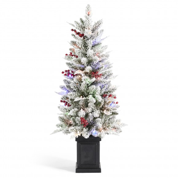 Glitzhome Glitzhome 4ft Pre-Lit Flocked Artificial Christmas Porch Tree With And Red Berries And 60 Warm White/Multi-color Lights 2 Function W/Foot Pedal