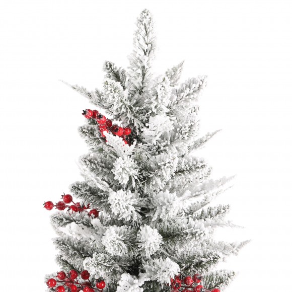 Glitzhome Glitzhome 4ft Pre-Lit Flocked Artificial Christmas Porch Tree With And Red Berries And 60 Warm White/Multi-color Lights 2 Function W/Foot Pedal
