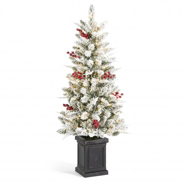 glitzhome Glitzhome 4ft Pre-Lit Flocked Artificial Christmas Porch Tree with and Red Berries and 60 Warm White/Multi-color Lights 2 function w/Foot Pedal