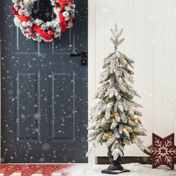 Glitzhome Glitzhome 4FT Pre-Lit Flocked Fir Artificial Christmas Porch Tree With 100 Warm White Lights And Red Berries