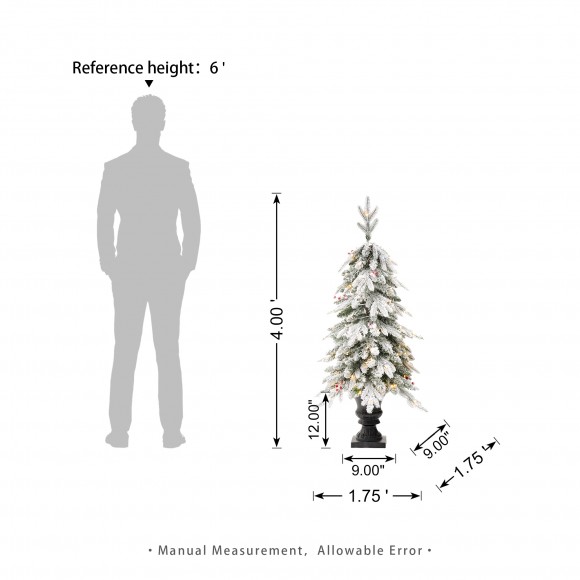 Glitzhome Glitzhome 4FT Pre-Lit Flocked Fir Artificial Christmas Porch Tree With 100 Warm White Lights And Red Berries