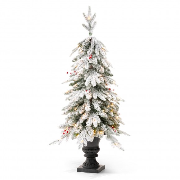 glitzhome Glitzhome 4FT Pre-Lit Flocked Fir Artificial Christmas Porch Tree with 100 Warm White Lights and Red Berries