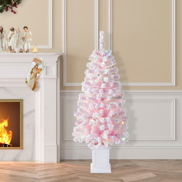 Glitzhome Glitzhome 4ft Pre-Lit Flocked Pink Artificial Christmas Porch Tree With 100 Warm White/multi-color LED Lights 8 Function W/Foot Pedal
