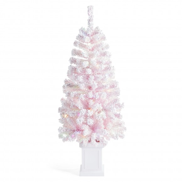 glitzhome Glitzhome 4ft Pre-Lit Flocked Pink Artificial Christmas Porch Tree with 100 warm white/multi-color LED Lights 8 function w/Foot Pedal
