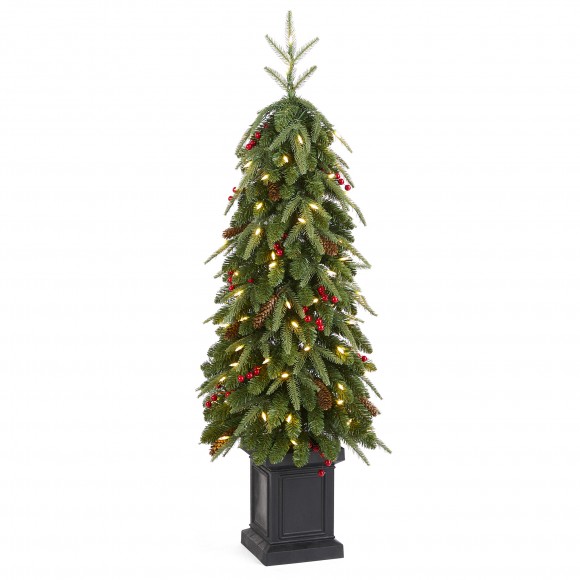 glitzhome Glitzhome 4ft Pre-lit Green Artificial Christmas Porch Tree with red berries pinecones and 100 warm white lights 3 function w/Foot Pedal