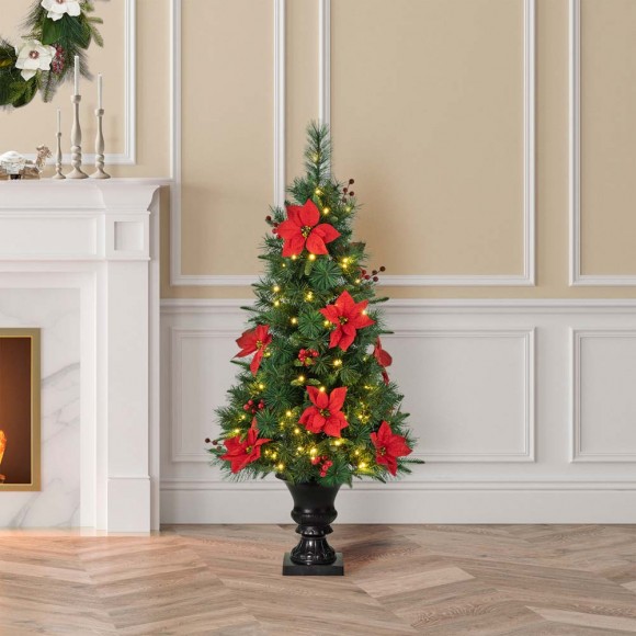 Glitzhome Glitzhome 4ft Pre-Lit Pine Artificial Christmas Porch Tree With 100 Warm White Lights Poinsettia And Red Berries