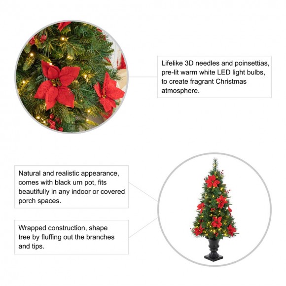 Glitzhome Glitzhome 4ft Pre-Lit Pine Artificial Christmas Porch Tree With 100 Warm White Lights Poinsettia And Red Berries