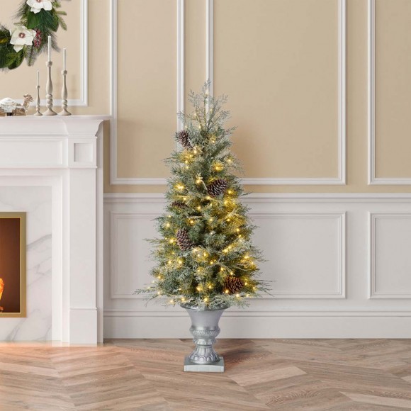 Glitzhome Glitzhome 4ft Pre-Lit Pine Artificial Christmas Porch Tree With 130 Warm White Lights And Pinecones