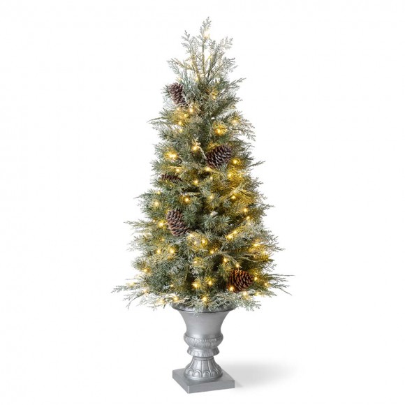 glitzhome Glitzhome 4ft Pre-Lit Pine Artificial Christmas Porch Tree with 130 Warm White Lights and Pinecones