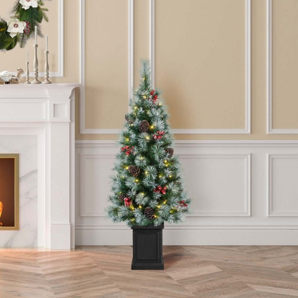 Glitzhome Glitzhome 4ft Pre-Lit Pine Artificial Christmas Porch Tree With 80 Warm White Lights Pinecones And Red Berries