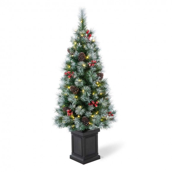 glitzhome Glitzhome 4ft Pre-Lit Pine Artificial Christmas Porch Tree with 80 Warm White Lights Pinecones and Red Berries