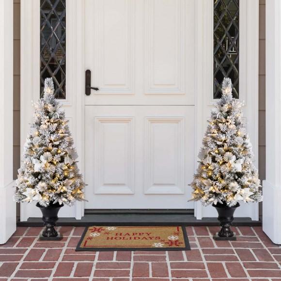 Glitzhome Glitzhome 4ft Pre-Lit Pine Artificial Christmas Porch Tree With 100 Warm White Lights And Poinsettias