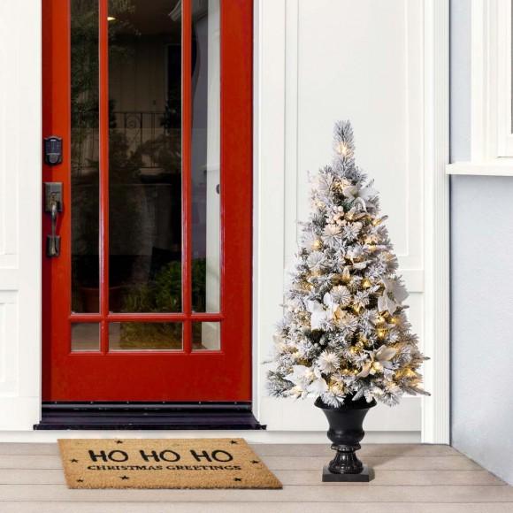 Glitzhome Glitzhome 4ft Pre-Lit Pine Artificial Christmas Porch Tree With 100 Warm White Lights And Poinsettias Set Of 2