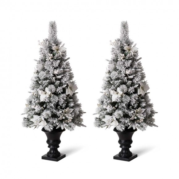 glitzhome Glitzhome 4ft Pre-Lit Pine Artificial Christmas Porch Tree with 100 Warm White Lights and Poinsettias Set of 2