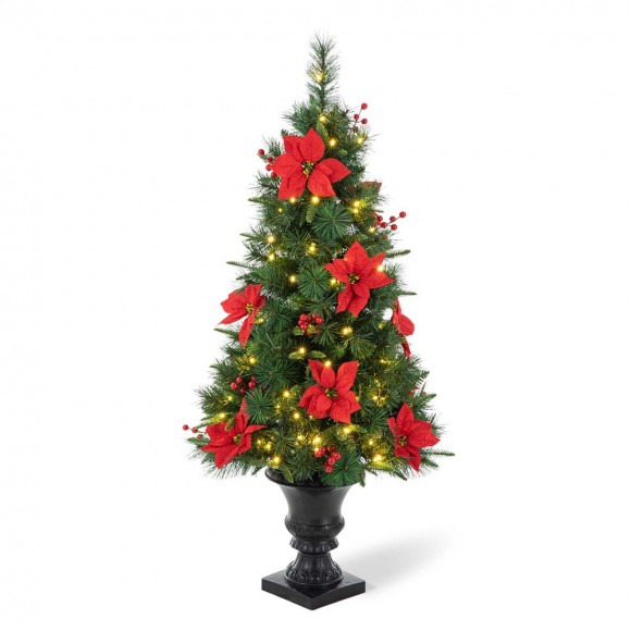glitzhome Glitzhome 4ft Pre-Lit Pine Artificial Christmas Porch Tree with 100 Warm White Lights Poinsettia and Red Berries