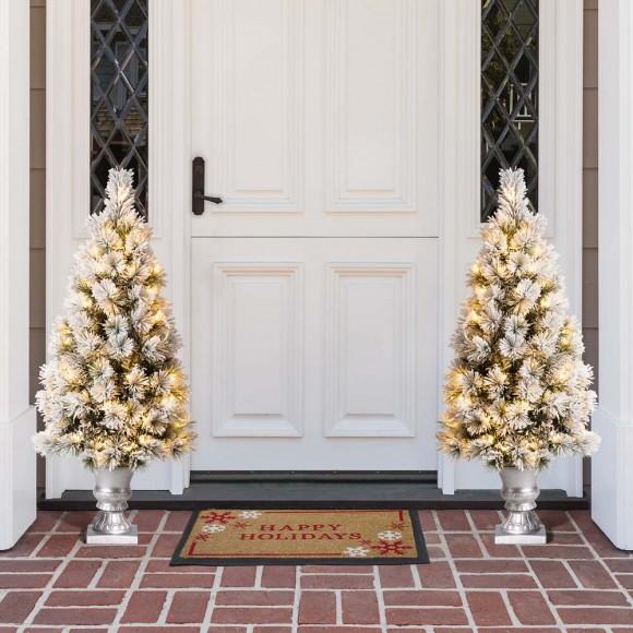 Glitzhome Glitzhome 4ft Pre-Lit Snow Flocked Pine Artificial Christmas Porch Tree With 100 Warm White Lights