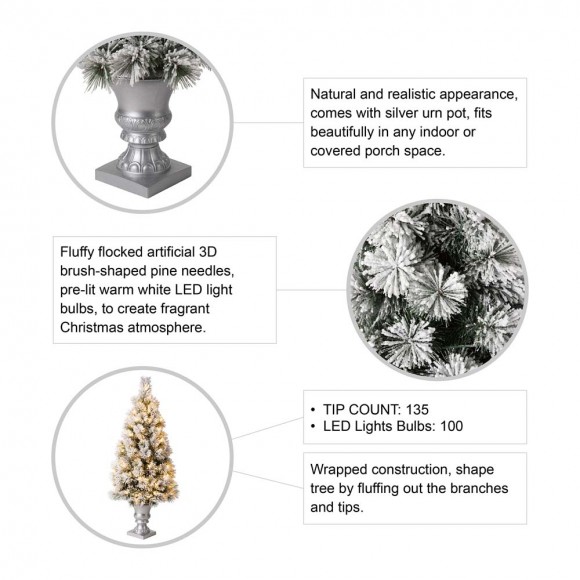 Glitzhome Glitzhome 4ft Pre-Lit Snow Flocked Pine Artificial Christmas Porch Tree With 100 Warm White Lights
