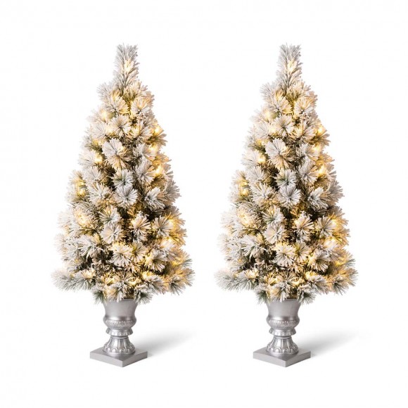 Glitzhome Glitzhome 4ft Pre-Lit Snow Flocked Pine Artificial Christmas Porch Tree With 100 Warm White Lights Set Of 2