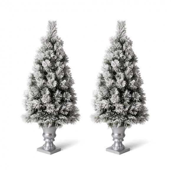 glitzhome Glitzhome 4ft Pre-Lit Snow Flocked Pine Artificial Christmas Porch Tree with 100 Warm White Lights Set of 2