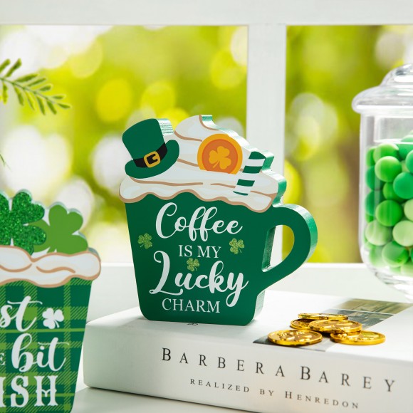 Glitzhome Glitzhome 5.25"H Set Of 2 Wooden St. Patrick's Coffee Cup Table Decor