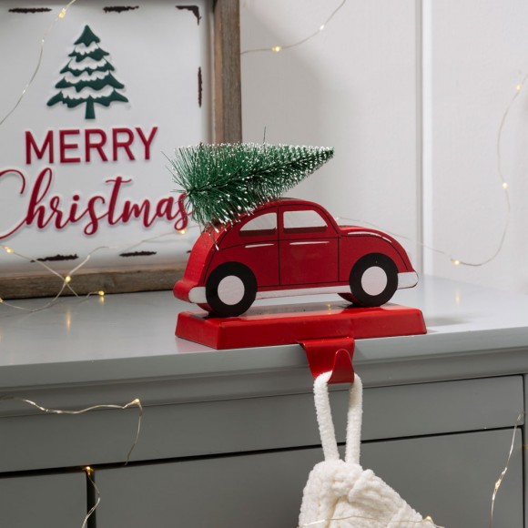 Glitzhome Glitzhome 5.31"H Wooden/Metal Red Car Stocking Holder