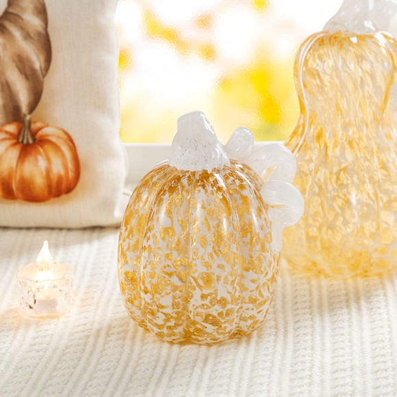 Glitzhome Glitzhome 5.5"H Fall Amber Dots Glass Pumpkin