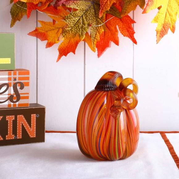 Glitzhome Glitzhome 5.5"H Hand Blown Multi Striped Glass Pumpkin Decor