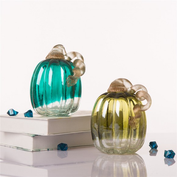Glitzhome Glitzhome 5.51"H Hand Blown Turquoise Crackle Glass Pumpkin Decor