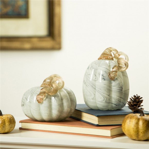 Glitzhome Glitzhome 5.71''H Hand Blown Gray Marbleized Glass Pumpkin Decor