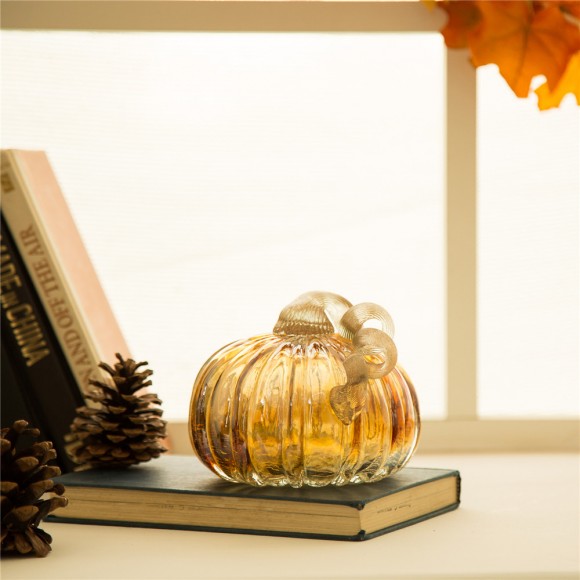 Glitzhome Glitzhome 5.91"D Hand Blown Amber Two-tone Crackle Glass Pumpkin Decor