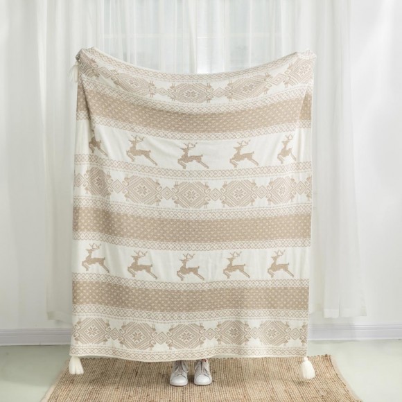 Glitzhome Glitzhome 50"L*60"W Knitted Acrylic Beige Throw Blanket W/Tassels