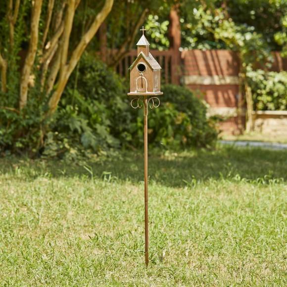 Glitzhome Glitzhome 53"H Farmhouse Faux Copper Distressed Metal Church Outdoor Decorative Garden Birdhouse With Stake (KD)