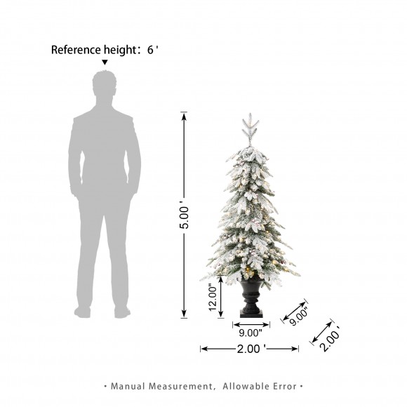 Glitzhome Glitzhome 5FT Pre-Lit Flocked Fir Artificial Christmas Porch Tree With 150 Warm White Lights And Red Berries
