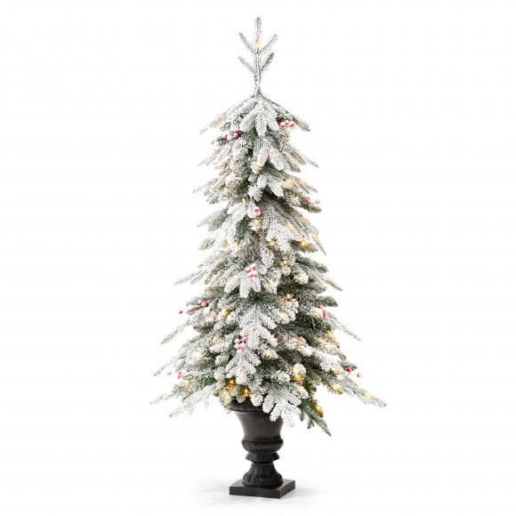 glitzhome Glitzhome 5FT Pre-Lit Flocked Fir Artificial Christmas Porch Tree with 150 Warm White Lights and Red Berries
