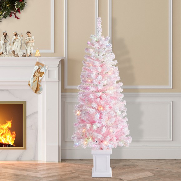 Glitzhome Glitzhome 5ft Pre-Lit Flocked Pink Artificial Christmas Porch Tree With 130 Warm White/multi-color LED Lights 8 Function W/Foot Pedal