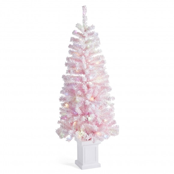 glitzhome Glitzhome 5ft Pre-Lit Flocked Pink Artificial Christmas Porch Tree with 130 warm white/multi-color LED Lights 8 function w/Foot Pedal